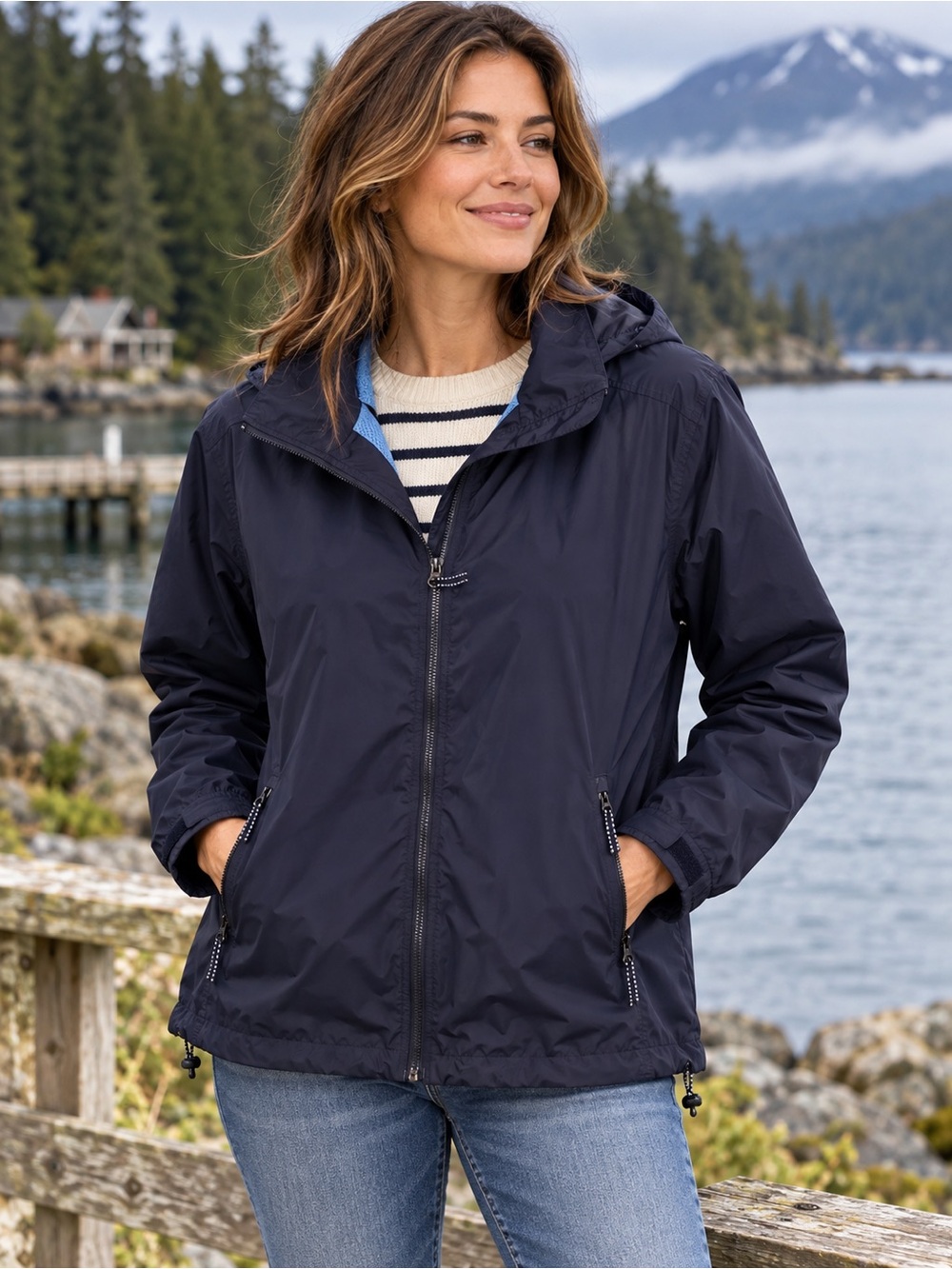 LANDS’ END Plus Size 1X Navy Outrigger Mesh Lined Hooded Rain Jacket 16W 18W